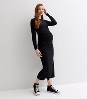 New Look Maternity Black Round Neck Long Sleeve Side Ruched Midi Dress